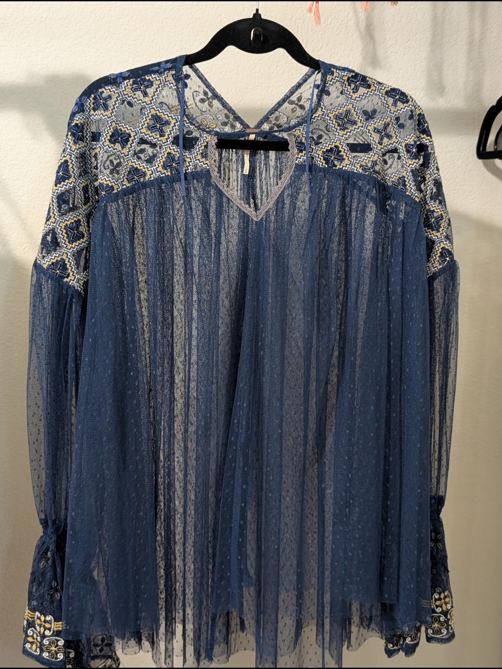 Free People Navy Blue Sheer Lace Peasant Top with Gold Embroidery